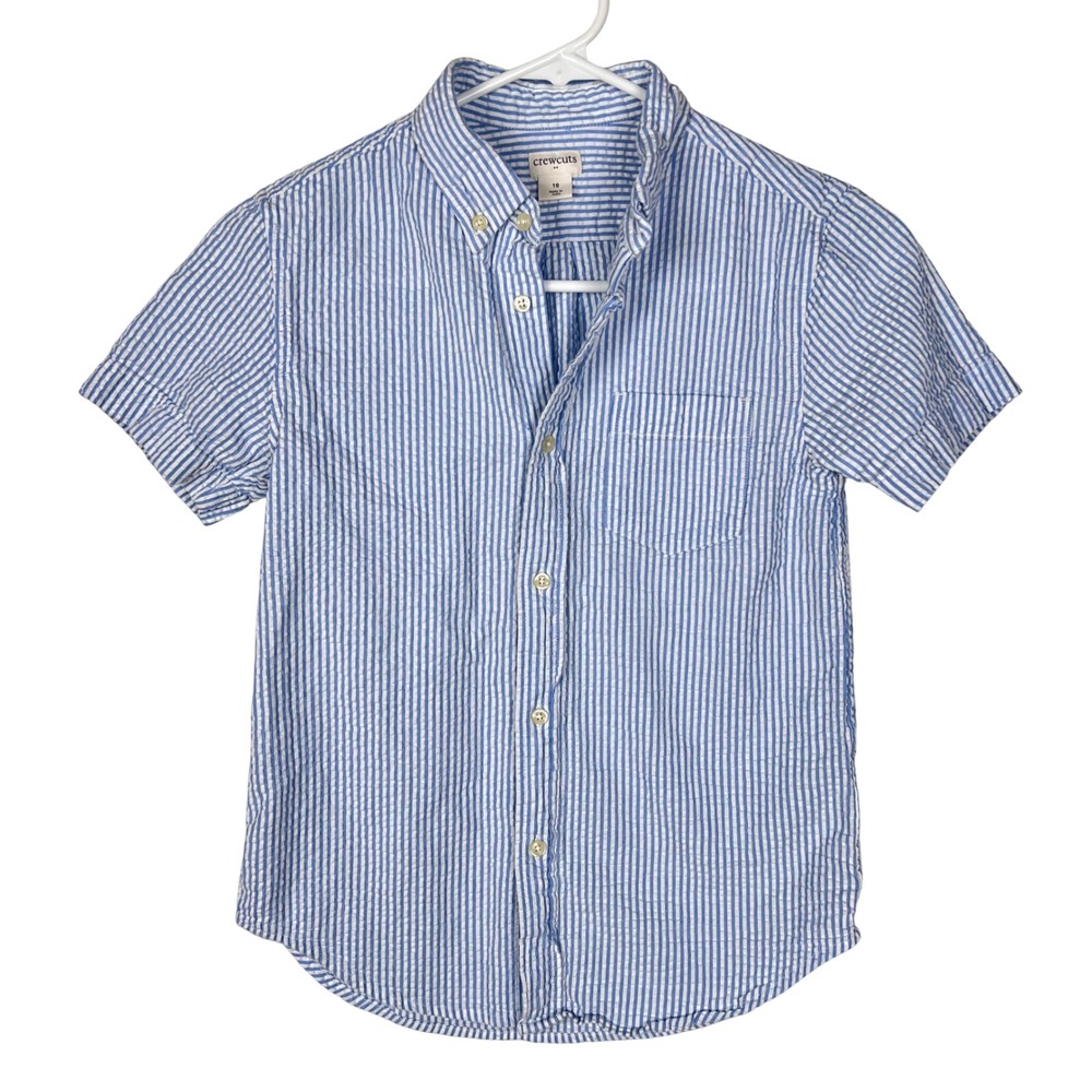 Crewcuts Seersucker Boys Size 10 Blue White Striped Short Sleeve Button Up Shirt